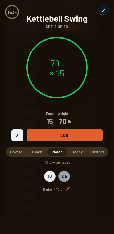 Iron Forge rest timer and plate calculator during Dan John — 10,000 Swing Challenge