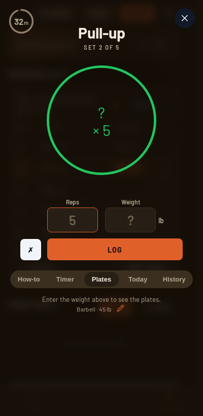 Iron Forge rest timer and plate calculator during The Fighter Pull-Up Program