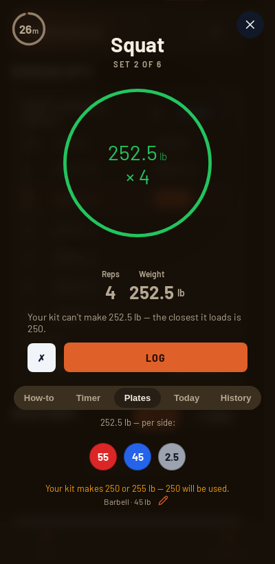 Iron Forge rest timer and plate calculator during Russian Squat Routine